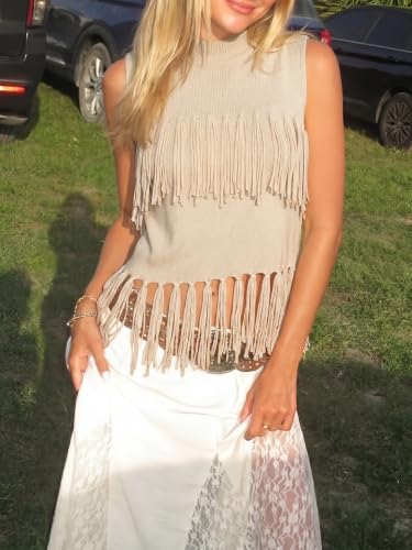 Tankaneo Womens Fringe Knit Tank Tops Summer Trendy Casual High Neck Sleeveless Shirts Boho Loose Fit Sweater Vest Beige — view 2