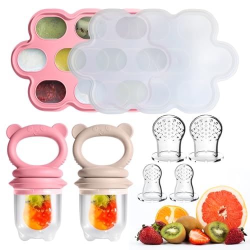 Image of Baby Food Feeder Set, 2 Packs Fruit Feeder & Breastmilk Popsicle Molds Freezer Tray with Lid, Silicone Fruit Feeder to Teething Relief, Introduce New Foods, Baby Feeding Essentials(Red+Beige)