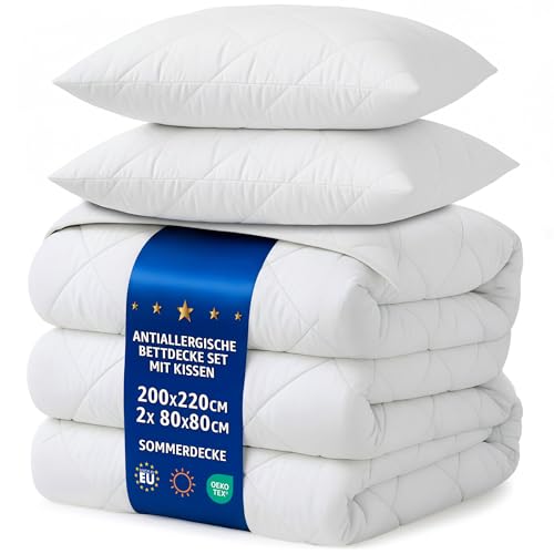 Amazinggirl Bettdecken Set 200x220 Sommerbettdecken mit 2 Kissen 80x80 – Weiche leichte atmungsaktive Steppbettdecken für Allergiker, Oeko-Tex...