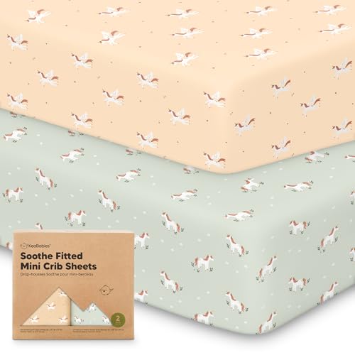 Image of 2-Pack Mini Crib Sheets Fitted - 38x26 Pack N Play Sheets for Pack and Play Mattress, Organic Cotton, Soft & Breathable Playard Bedding, Neutral Mini Toddler Bed Cover for Boys, Girls (Lune Mystic)