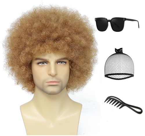 Image of 70s 80s Afro Wig for Men Women, Afro Costume Wig, Perfect for Halloween, 70s Themed Party, Disco Party, Cosplay Bob Ross Costume (Light Brown)