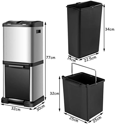 COSTWAY Recycling Pedal Bin for Kitchen Waste, Vertical Waste Separation System, 3 Recycle Compartments, 32L Rubbish Capacity Stainless Steel Trash Garbage Can