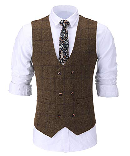 Herren Anzug Weste Tweed Wolle Smoking Weste Plaid Zweireiher Für Hochzeit(XX-Large, Braun) Cover