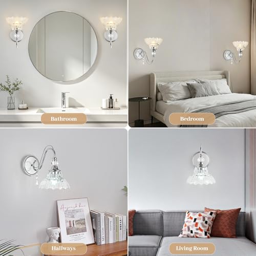 Image of 1 Piece Brushed Chrome Finish Wall Sconce, 1-Light Modern Wall Sconce with Hanging Crystal Accents and Flower-Shaped Clear Shades for Bathroom Bedroom Living Room,Modern Vanity Light