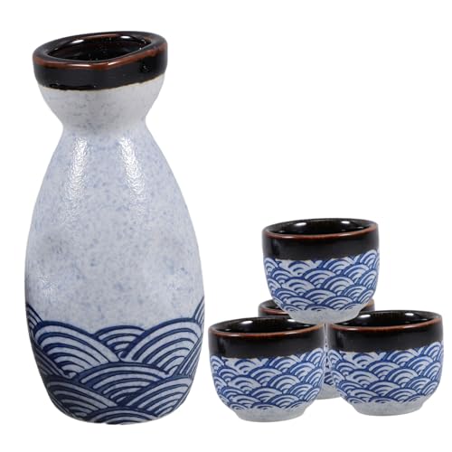 LIGIGWASH 日式陶瓷海波?清酒杯点 耐熱の美濃焼酒器 家やオフィス用の伝統的な酒ポットと酒杯付き 用