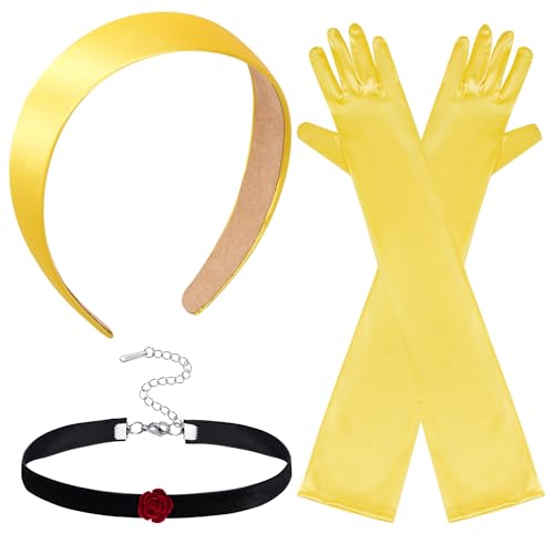 obmwang Women Princess Costume Accessories Yellow Headband Long Gloves Choker Set for Halloween Cosplay Birthday Party