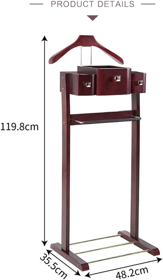 Wood Suit Valet Stand Clothes Rack with 3 Drawer Free Standing Hanger with Trouser Bar Tie & Belt Hooks and Shoe Rack, Wine Red-48.2 * 35.5 * 119.8cm