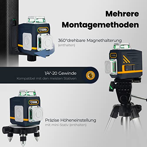 Foto von Kreuzlinienlaser, 2x360 Grün Grad Selbstnivellierend Laser Wasserwaage, Kreuzlaser mit wiederaufladbare Batterie (USB-Aufladung) bis 30m Arbeitsbereich, inkl. Magnethalterung und mini-Stativ