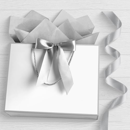 Image of JMANNI Gift Bags with Handles, 13 inch Medium Gift Bag for Presents, 2 Pcs Bags with 4 Tissue Paper and 2 Cards for Baby Shower Wedding Bridal Shower Mother's Day Birthday Party (white-silver)