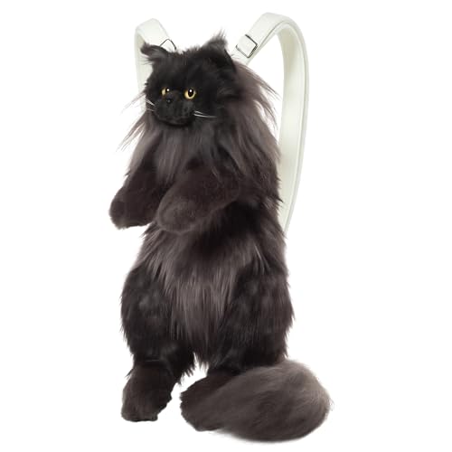 NULORA Stuffed Animal Backpack Black Mainecoon Plush Bag with Adjustable Strap Handcrafted Cat Backpack for Women