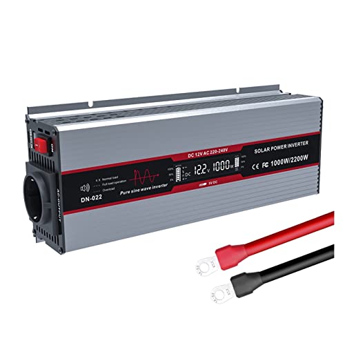 ZKLGS Transformador de Corriente, Convertidor de Voltaje inversor de Onda sinusoidal Pura DC 12V a AC 2200W Potencia Continua 1000W USB 5V2.1A Pantalla LED(Inverter Grey)