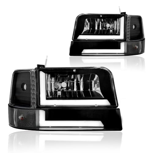 DimFlux LED DRL Headlight Assembly, Headlights Kit Compatible with 1992 1993 1994 1995 1996 Ford F150 F250 F350/1992-1996 Bronco Replacement Headlamp Black Housing Clear Reflector