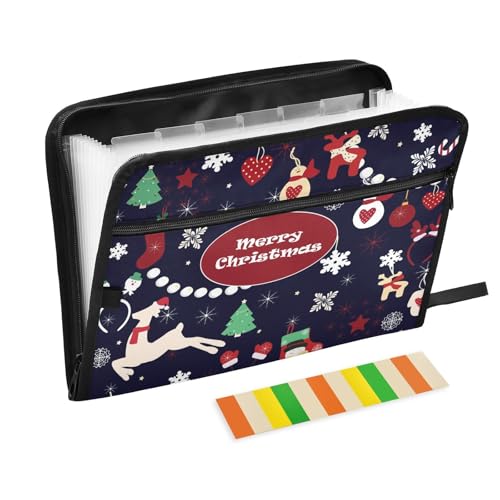 KaariDream ドキュメントファイル A4 書類収納ケース 仕切り 13ポケット クリスマス クリスマスツリー 鹿 アニマル 黒 ブラック かわいい 持ち運び 大容量 重要書類 ファイル 書類ホルダー 収納ケース 仕切りフォルダー 拡張フォルダ ラベ
