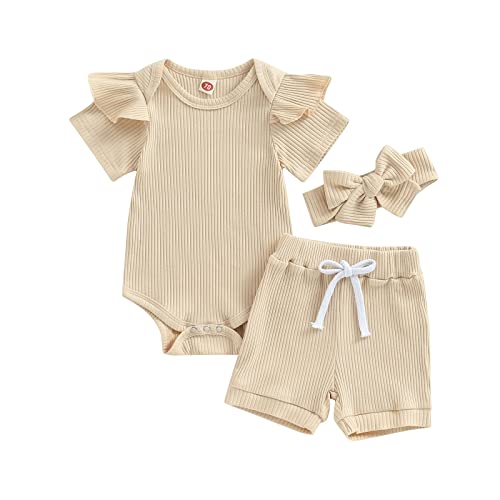 Image of Newborn Infant Baby Girl Summer Clothes Rib Frill Short Sleeve Romper Elastic Waist Shorts Headband 3Pcs Outfits Set
