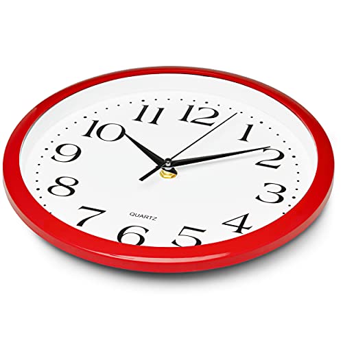 Image of Bernhard Products Red Wall Clock Silent Non Ticking - 10 Inch Quality Quartz Battery Operated Round Easy to Read Home /Kitchen /Office /Classroom /School Clocks, Vintage Retro Red Frame Black Numbers