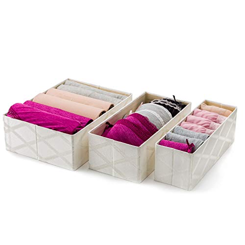 Foldable Underwear Drawer Organizer Divider - Set of 3 - Strong Fabric Closet Dresser Storage Baskets for Socks, Ties, Scarves, Tshirt and Baby Clothes, Ideal for Mens Cloth (Galliana)
