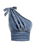 Floerns Women's One Shoulder Sleeveless Denim Vest Bowknot Ruched Y2k Crop Tank Top Dark Wash Medium