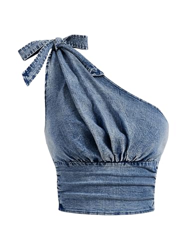 Floerns Women's One Shoulder Sleeveless Denim Vest Bowknot Ruched Y2k Crop Tank Top