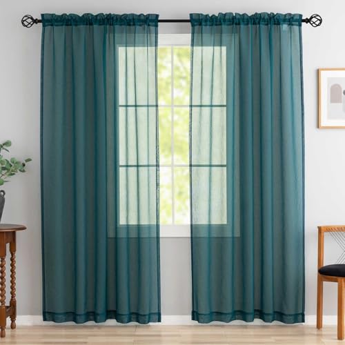 Image of Green Sheer Curtains 84 inch Length 2 Panels Set, Airy Soft-Touching Rod Pocket Voile Drapes for Living Room /Bedroom, Sheer Curtain Panels Set 84 inch Inches Long, Light Filtering, Each 52 inch W x 84 inch L