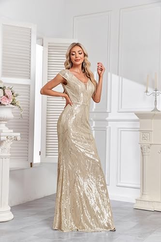 Image of XUIBOL Womens Sequined Short Sleeves Long Formal Dress with V-Neck for Evening Event Nightout Club Gown Silver Paillette Silver S