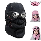 Winter Thermal Hat with Glasses Windproof Ski Mask Cap Fashion Warm Hat for Cycling, Upgraded Winter Thermal Thick Ski Cap (Child Black)