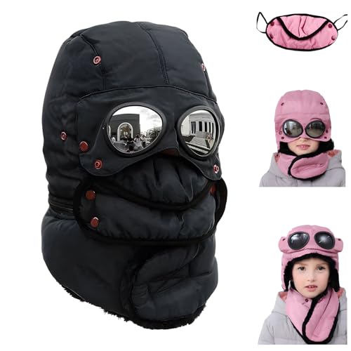 Winter Thermal Hat with Glasses Windproof Ski Mask Cap Fashion Warm Hat for Cycling, Upgraded Winter Thermal Thick Ski Cap (Child Black)