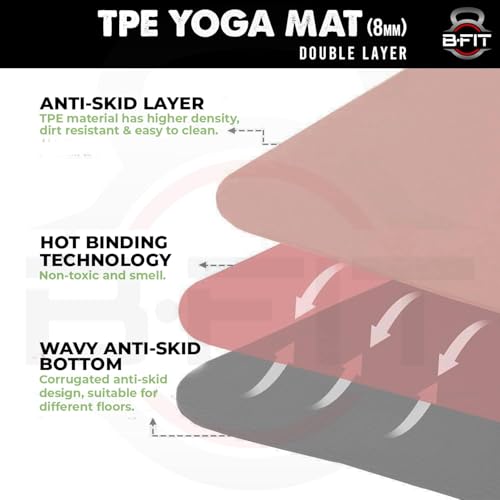 Image of B Fit 8 MM Thick Wide 31x72 Inch Original TPE Yoga Mat - Free Yoga Bag and Strap Included - With Alignment System, Non-slip, Eco-friendly, sweat-resistant (Green-Grey)