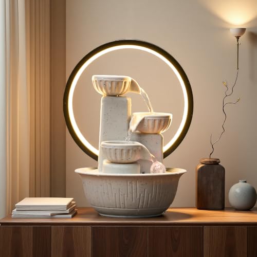 Image of 3-Tier Tabletop Water Fountain with Warm Ambient Light, Cascading Bowl Design, Compact Indoor Desk Decor, 8.3x6.3 inch Indoor Calming Cascading Waterfall Fountain（Cream） (Cream Light Ring)