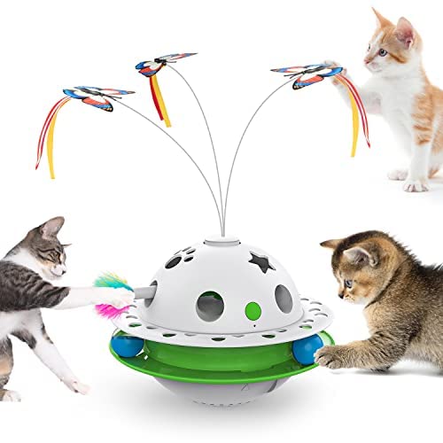 Tyasoleil3 in 1 Smart Cat Toys, Interactive Cat Roly Poly Toy, Electric Indoor Kitten Toys, Fluttering Butterfly,Random Whack-A-Mole Mice, Dual Power Supplies, Auto On/Off (Green)