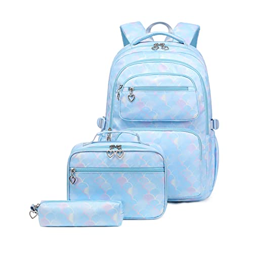 3Pcs Mermaid Scale Backpack Set for Girls with Lunchbox & Pencil Case, Mermaid Girls Backpack School Bag and Lunch Bag Set