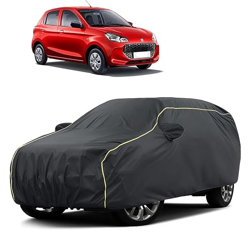 Image of Sulfar 100% Water Resistant Car Body Cover Compatible with Mirror for Maruti Suzuki Alto K10 (Triple Stitched, Full Bottom Elastic, Dark Grey Taffeta with Yellow Piping)