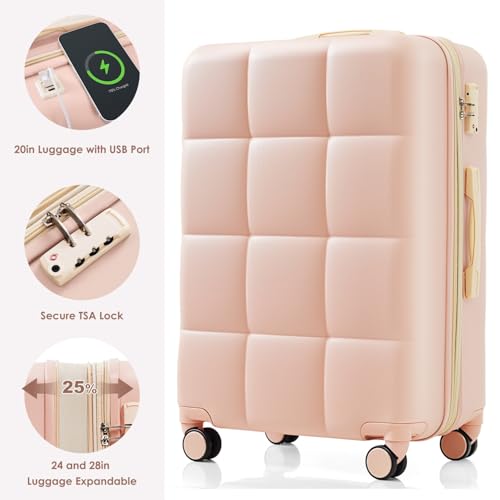 Luggage Sets 4 Piece, 20-inch with USB Port, Expandable ABS Durable Suitcase with Travel Bag, Cup Holder, ABS Hard Shell Luggage with Spinner Wheels, pink3
