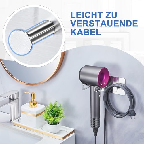 XILIMOR Föhnhalterung Bad Wand Ohne Bohren, Föhn Halterung Fönhalter Edelstahl mit Kabellagerungsregale, Haartrocknerhalter Zum Kleben für Bad Schlafzimmer Hotel, Silber