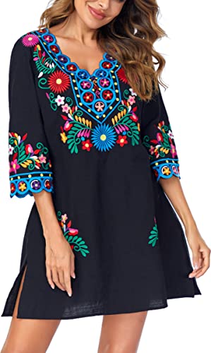 YZXDORWJ Women Embroidered Mexican V Neck Floral Dress Long Sleeve Floral Traditional Bohemian Dress
