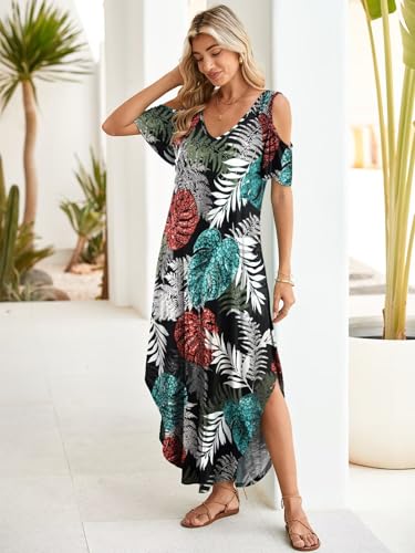 Image of BELAROI Womens Cold Shoulder Maxi Dress Plus Size V Neck Summer Sundresses with Pockets Beach Coverup Vacation Outfits