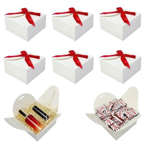 Festa Centro 50pz 12 x 12 x 6 cm Scatola regalo bianca in quadrata carta Kraft con nastro rosso; Piccole scatole regalo per feste, compleanni, matrimoni, bomboniere