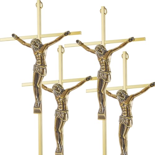 Leinuosen 4 Pieces Crucifix Wall Cross Catholic Slender Metal Crosses Wall Decor for Home Decor Hanging Jesus, 10 x 5 x 1 Inches(Gold)