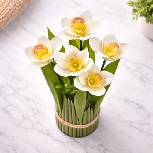 Image of CraftVatika White Orchid Artificial Flower Bouquet Decor, Realistic Orchid Flowers Bouquet Gift for Girls Faux Flowers for Table, Home Living Room Desk Decor, Wedding Anniversary Birthday Gift