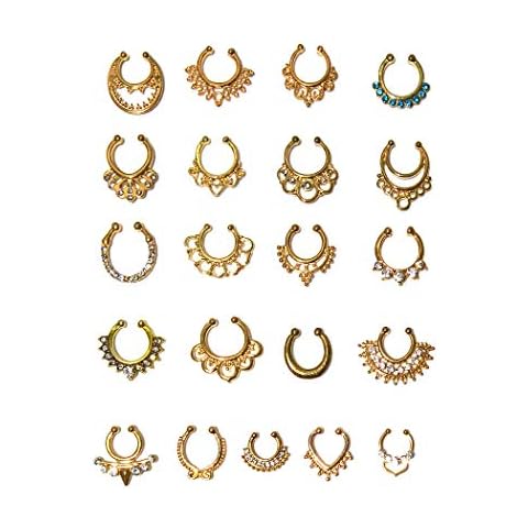Aoyoho 21Pcs Fake Septum Clicker Nose Ring Rhinestone Non Piercing Hanger Clip Body Jewelry (Gold) Cover