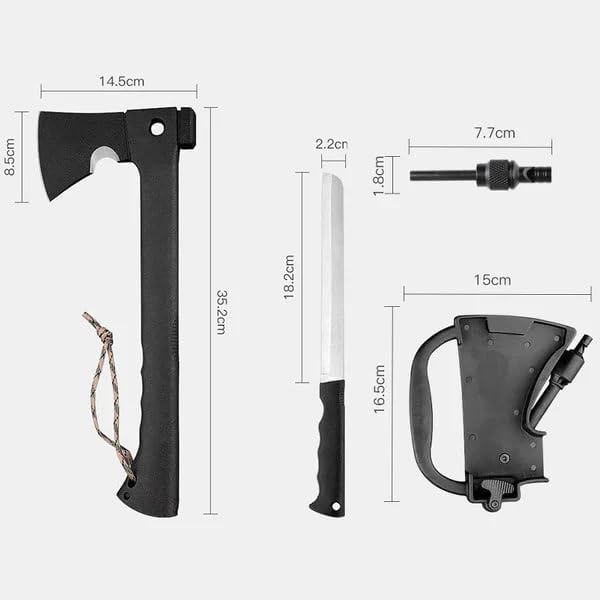 Hacha táctica AXIUM 5 en 1 – Hacha Multifuncional con Sierra integrada, Martillo, Silbato de Emergencia y Funda de ABS – Herramienta compacta para Camping, bushcraft y Supervivencia
