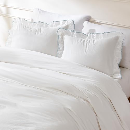 Image of Lush Decor - Duvet Cover Set, 3-Piece Cotton Bedding with Matching Shams, Contrast Edge & Stylish Border (Reyna Off-White /Blue, Full /Queen)