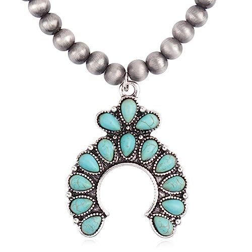 RIAH FASHION Bohemian Beaded Statement Necklace - Multilayered Natural Stone Mixed Beads, Western Concho Pendant