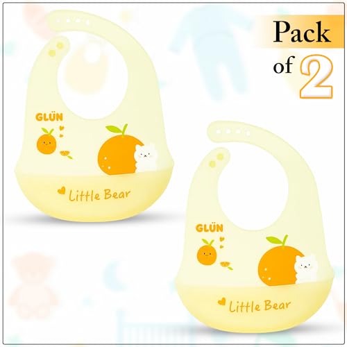 Image of GLUN Pack of 2 Soft Feeding Bibs with Bowl, Cute Oranges Print for Growing Champs, Easily Wipes Clean, Comfortable Soft Baby Bibs, Less Time Cleaning after Meals for Babies