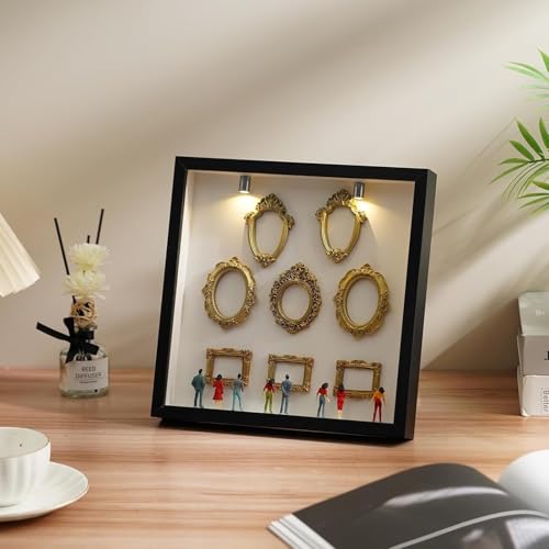 DIY Mini Museum Bilderrahmen, Mini Menschen Figuren Museum, Bilderrahmen zum Befüllen mit Golden Rahmen & Miniatur Menschen, Fotospeicher Bilderrahmens mit LED Licht für Deko Wohnzimmer Schlafzimmer