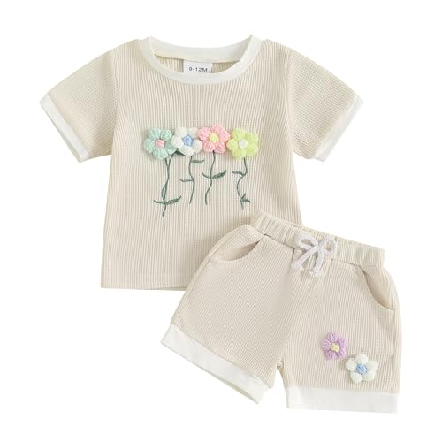 Kaipiclos Flower Embroidered Toddler Boy Girl Summer Outfit Waffled Baby Clothes Short Sleeve T-Shirt Tops Shorts Set