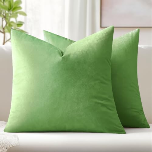 Image of MIULEE Pack of 2 Velvet Pillow Covers Decorative Square Pillowcase Soft Solid Cushion Case for Sofa Bedroom Car 18 x 18 Inch Apple Green