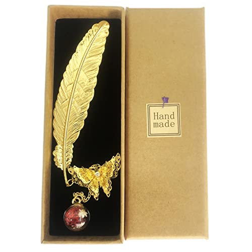 Metal Feather Bookmark, Golden Bookmarks With 3D Butterfly Red Pendant For Women, Teacher Book Lover Librarian Readers Mom Lady Female, Great Gift For Birthday #TOP4