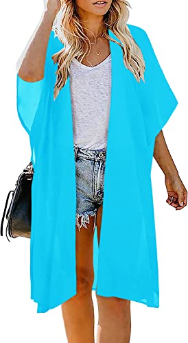 Image of Indian Trendy Women's Solid Puff Sleeve Kimono Long Cardigan Loose Cover Up Casual Blouse Top Chiffon
