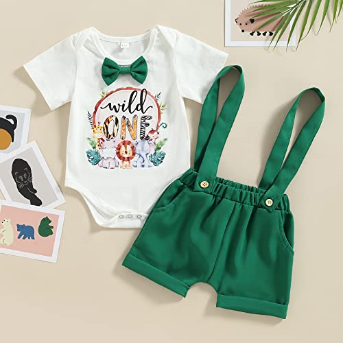 Baby Boy First Birthday Outfit Wild One Animal Bowtie Romper Suspender Shorts Cake Smash Clothes2