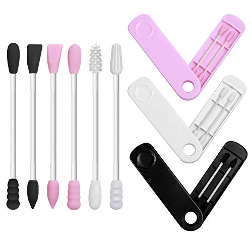 Preisvergleich Produktbild 6 PCS Wattestäbchen Wiederverwendbarer, Waschbar Doppelseitige Umweltfreundliche Silikon Wattestäbchen Ohrreinigungs Stock, Tragbarer Kosmetischer Knospenstift mit Aufbewahrungskoffer